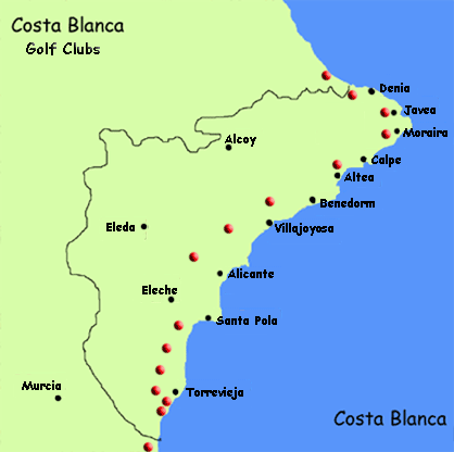 Map showing Golf Courses on the Costa Blanca
